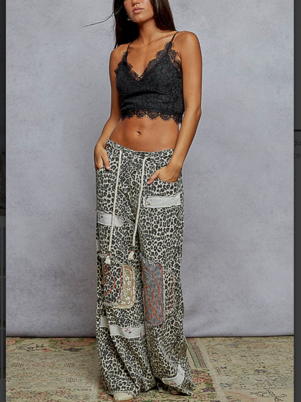 POL Wide Leg Leopard Cargo Pants in Black and Cream - Picture 5 of 5